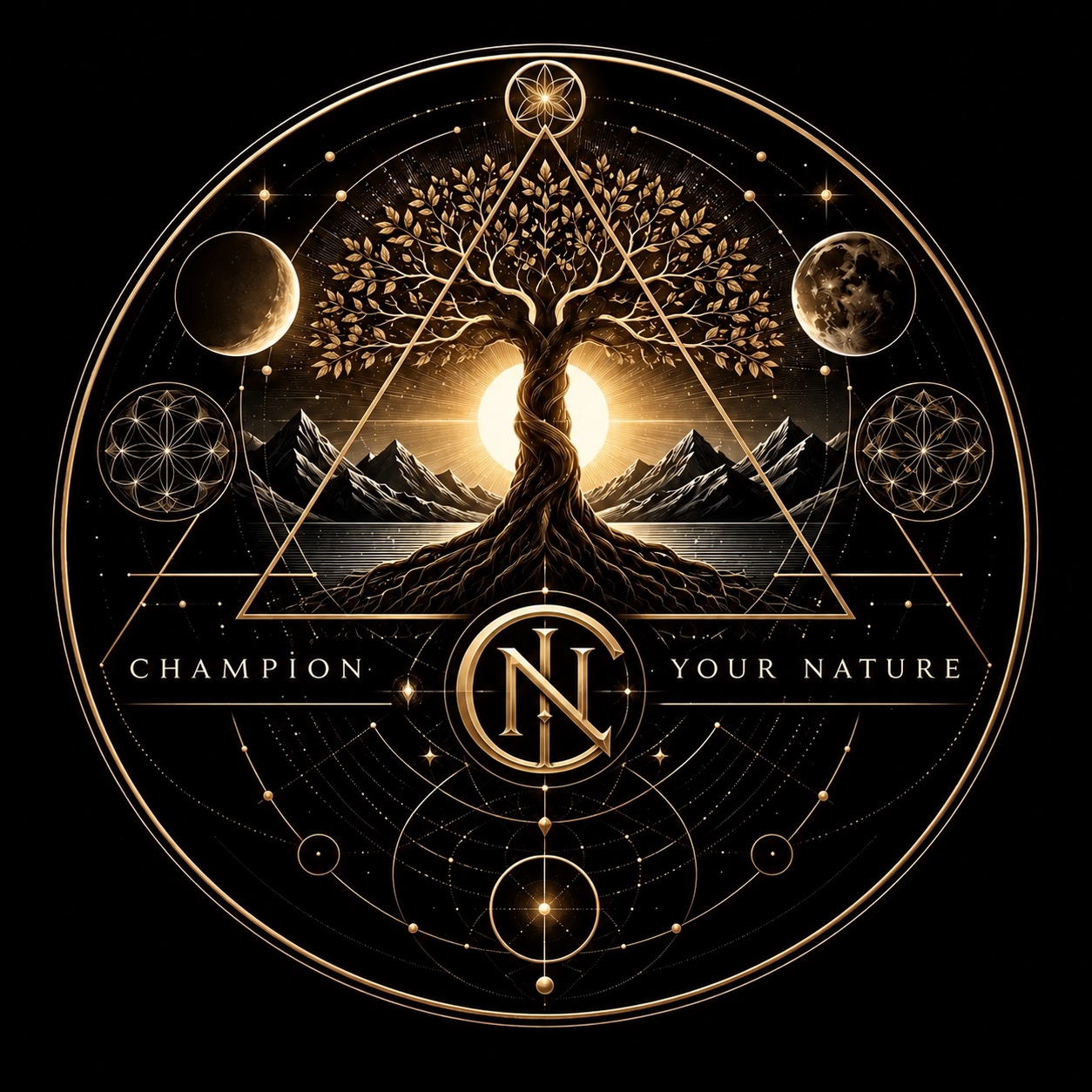 Champion Your Nature gold emblem with a tree, celestial symbols and sacred geometry